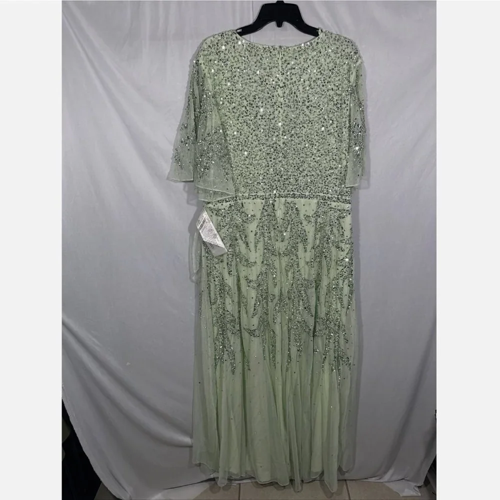 NWT $498 Mac Duggal [‎ 18 ] Sequined Butterfly Sleeve High Low Gown Sage Greeen